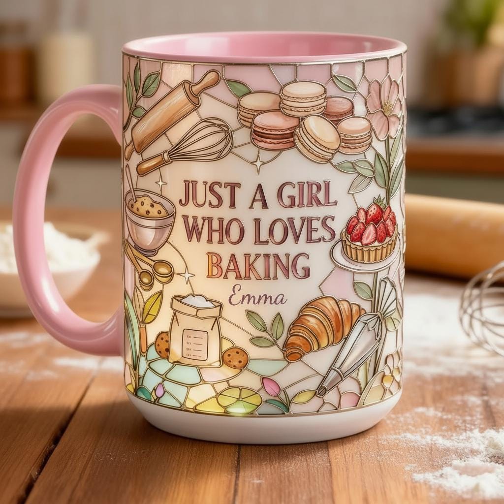Personalized Just A Girl Who Loves Baking Faux 3D Effect Mug, Just A Girl Who Loves Baking Mug, Baking Tools Design, 2D Flat Mug - image 2