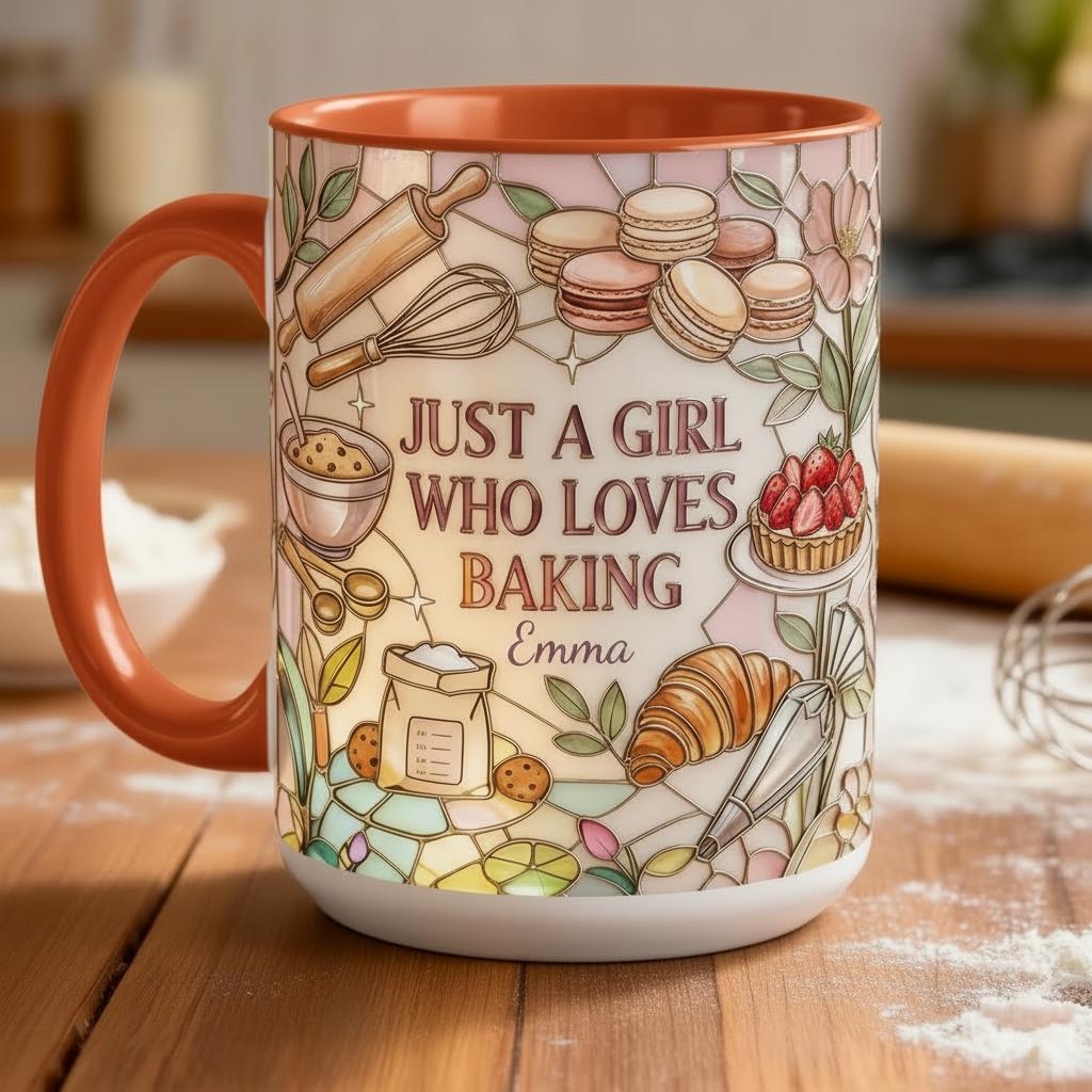 Personalized Just A Girl Who Loves Baking Faux 3D Effect Mug, Just A Girl Who Loves Baking Mug, Baking Tools Design, 2D Flat Mug - image 5