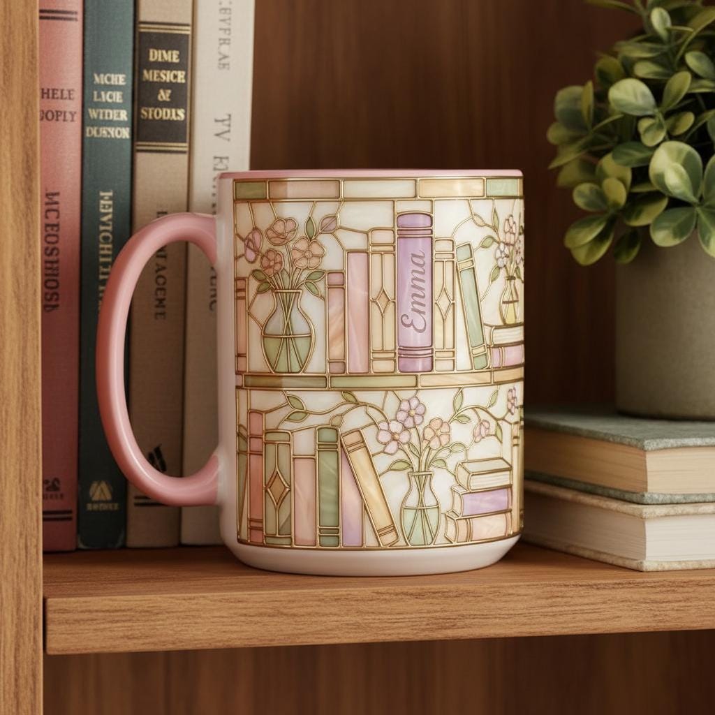 Personalized Bookish Faux Stained Glass Style Mug, Ceramic Mug Book Lover gift, 2D Flat Mug - image 2