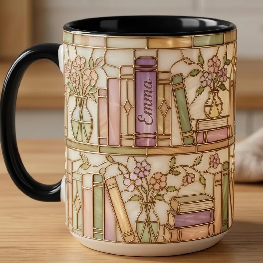 Personalized Bookish Faux Stained Glass Style Mug, Ceramic Mug Book Lover gift, 2D Flat Mug - image 6