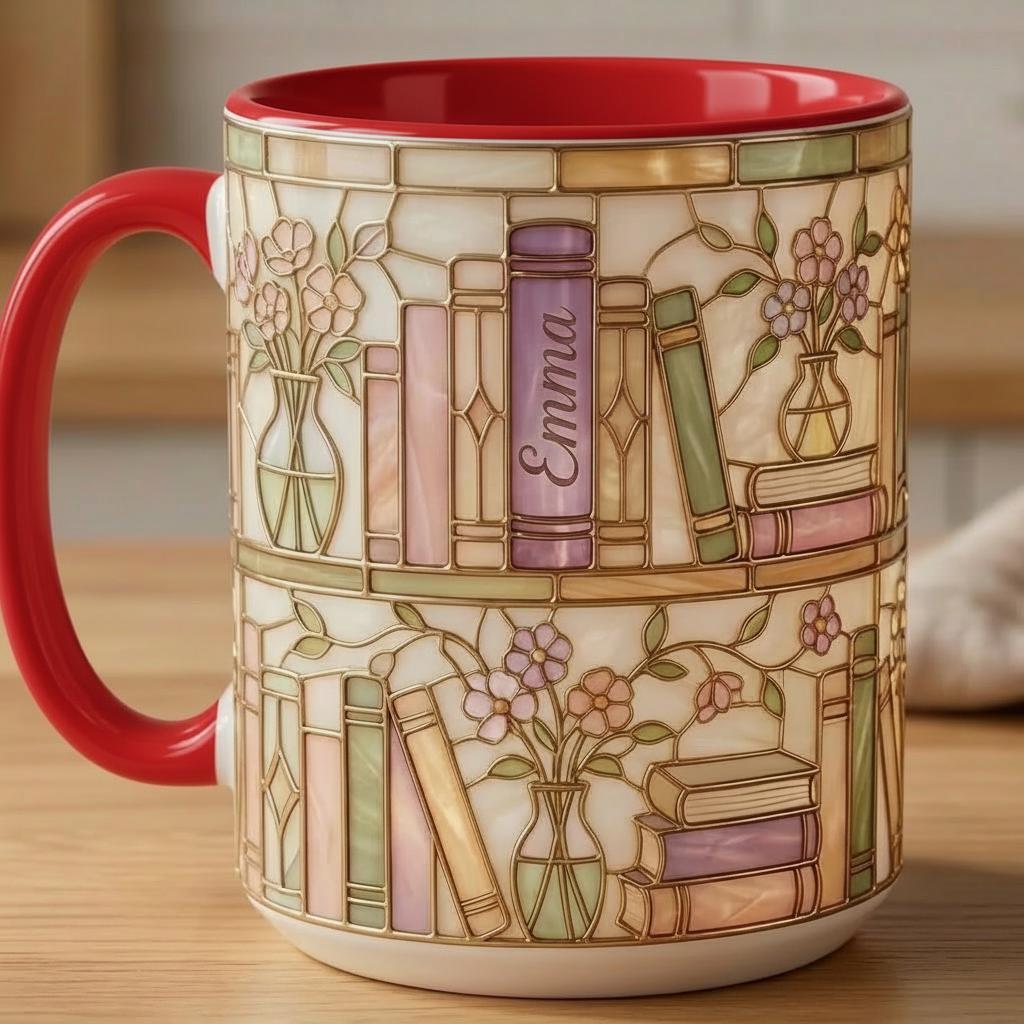 Personalized Bookish Faux Stained Glass Style Mug, Ceramic Mug Book Lover gift, 2D Flat Mug - image 7