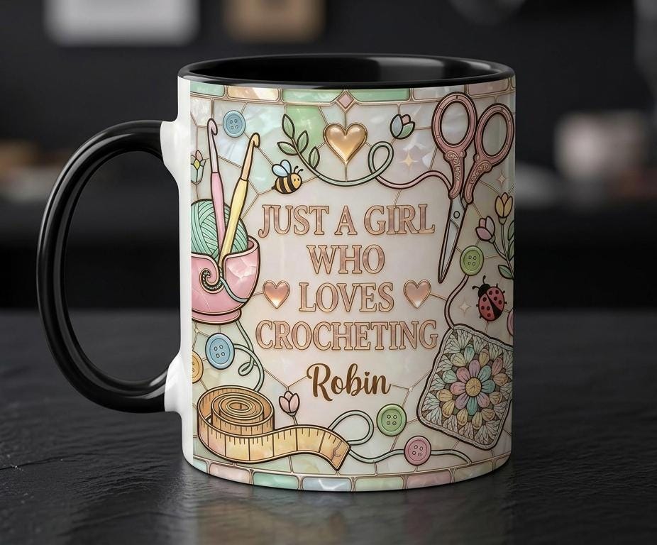Personalized Sewing Coffee Cup, Custom 3D-Effect Craft Tools Accent Mug, Just A Girl Who Loves Crocheting - image 3