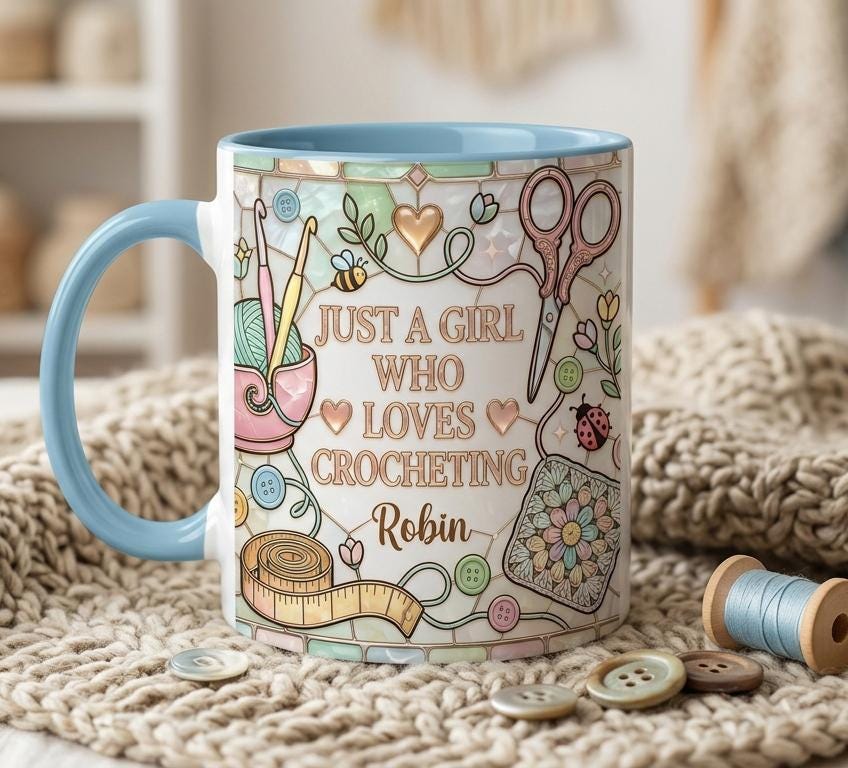 Personalized Sewing Coffee Cup, Custom 3D-Effect Craft Tools Accent Mug, Just A Girl Who Loves Crocheting - image 4