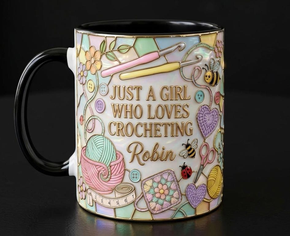 Personalized Sewing Coffee Cup, Custom 3D-Effect Craft Tools Accent Mug, Just A Girl Who Loves Crocheting - image 2