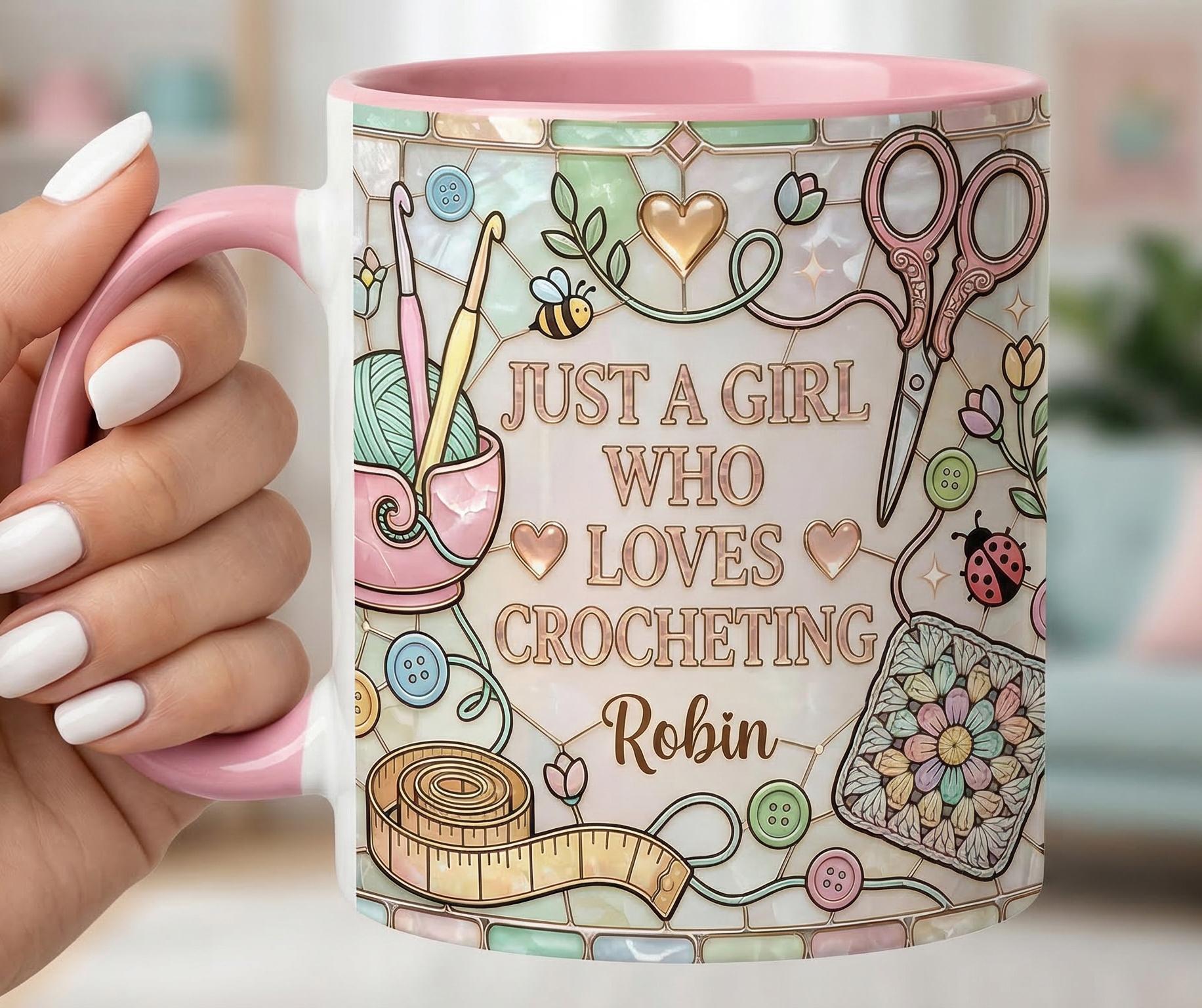 Personalized Sewing Coffee Cup, Custom 3D-Effect Craft Tools Accent Mug, Just A Girl Who Loves Crocheting