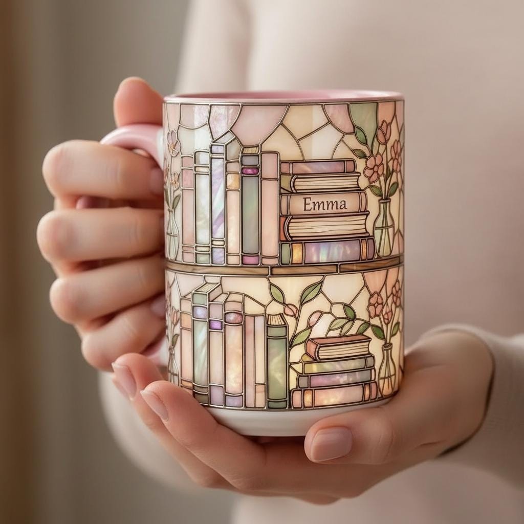 Custom Name Bookish Faux Stained Glass Style Mug, Ceramic Mug Book Lover gift, 2D Flat Mug - image 7
