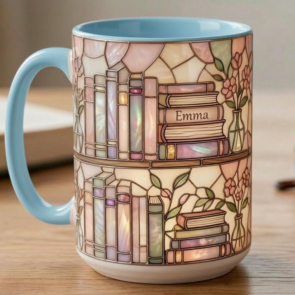 Custom Name Bookish Faux Stained Glass Style Mug, Ceramic Mug Book Lover gift, 2D Flat Mug - image 6
