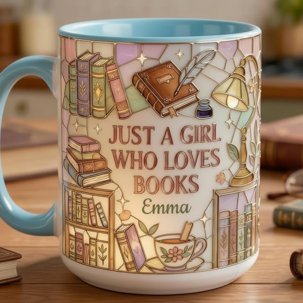 Personalized Just A Girl Who Loves Reading Faux Stained Glass Style Mug, Ceramic Mug Book Lover gift, 2D Flat Mug - image 3