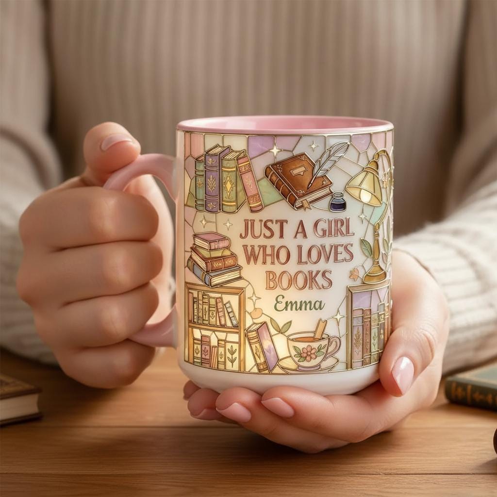 Personalized Just A Girl Who Loves Reading Faux Stained Glass Style Mug, Ceramic Mug Book Lover gift, 2D Flat Mug - image 5