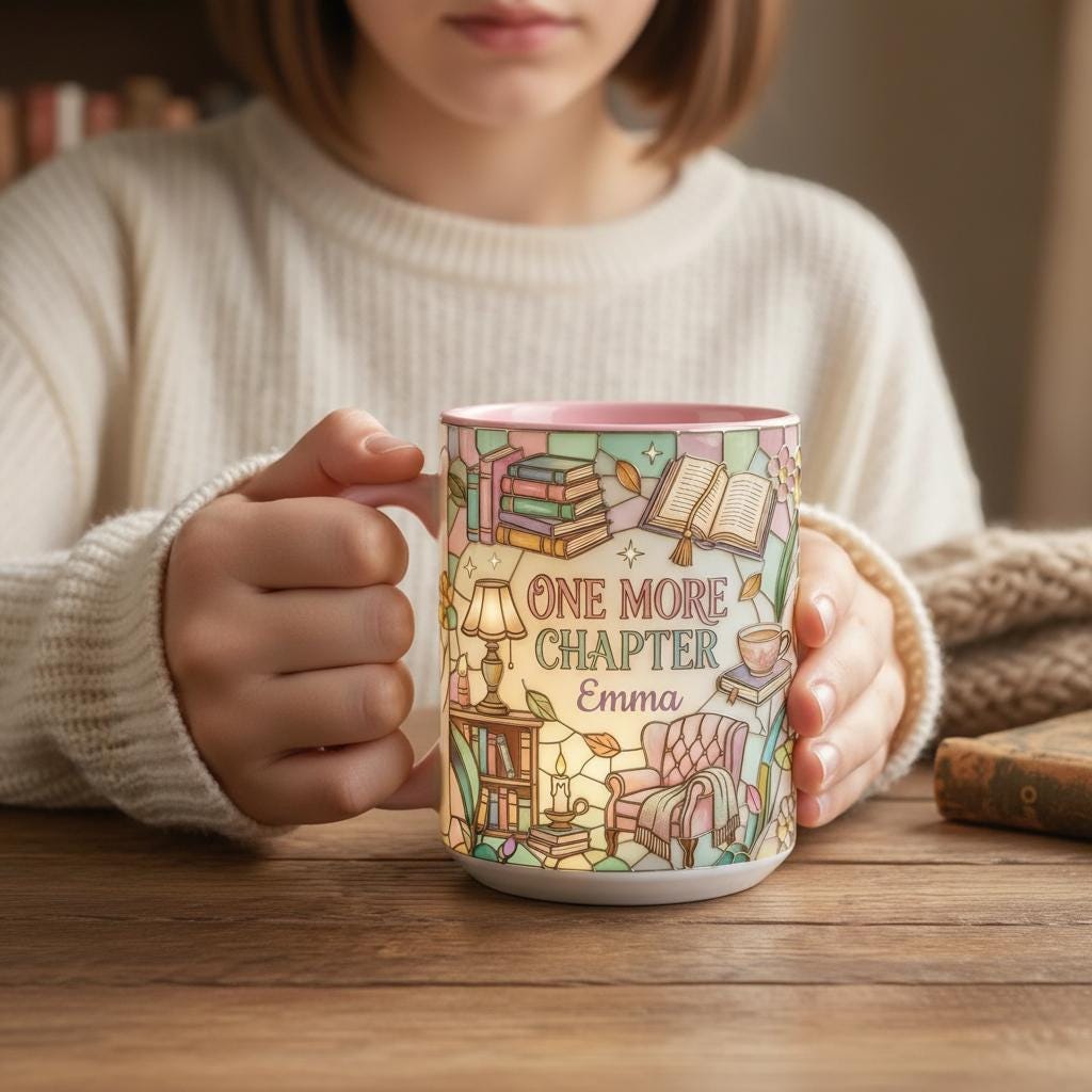 Custom Name Bookish One More Chapter Mug, Faux Stained Glass Style Mug, Ceramic Mug Book Lover gift, 2D Flat Mug - image 2
