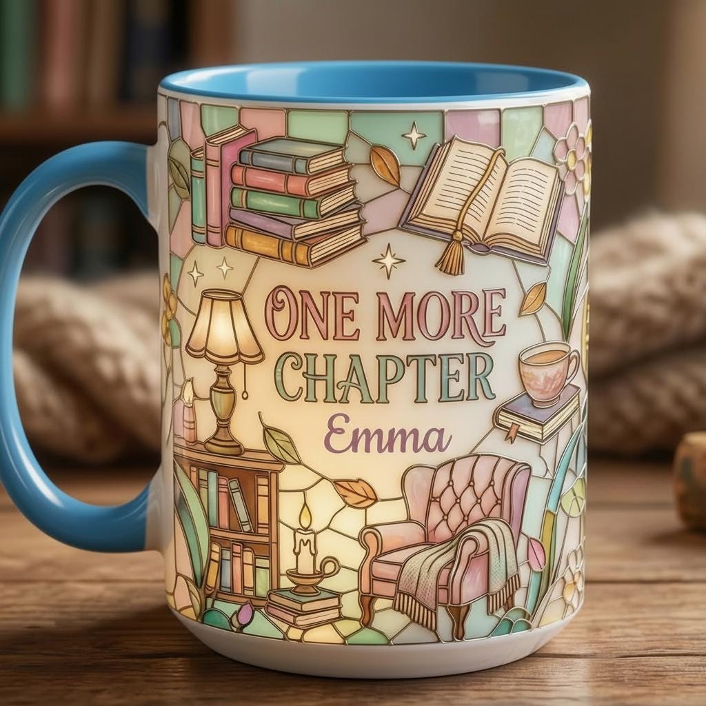 Custom Name Bookish One More Chapter Mug, Faux Stained Glass Style Mug, Ceramic Mug Book Lover gift, 2D Flat Mug - image 5