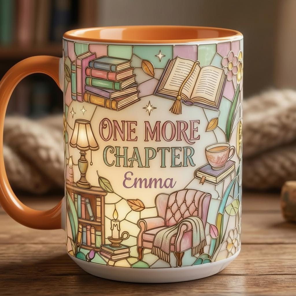 Custom Name Bookish One More Chapter Mug, Faux Stained Glass Style Mug, Ceramic Mug Book Lover gift, 2D Flat Mug - image 6