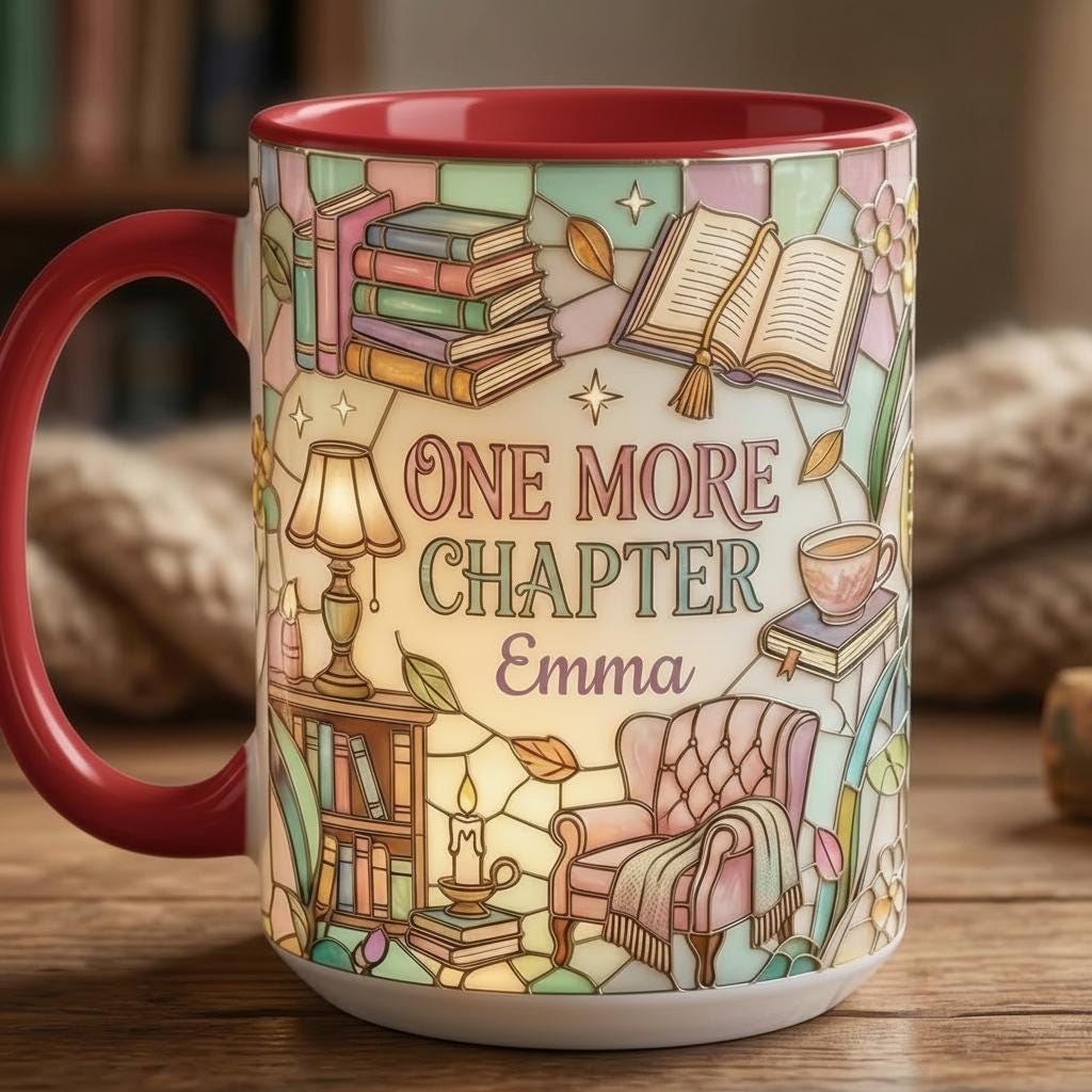 Custom Name Bookish One More Chapter Mug, Faux Stained Glass Style Mug, Ceramic Mug Book Lover gift, 2D Flat Mug - image 3