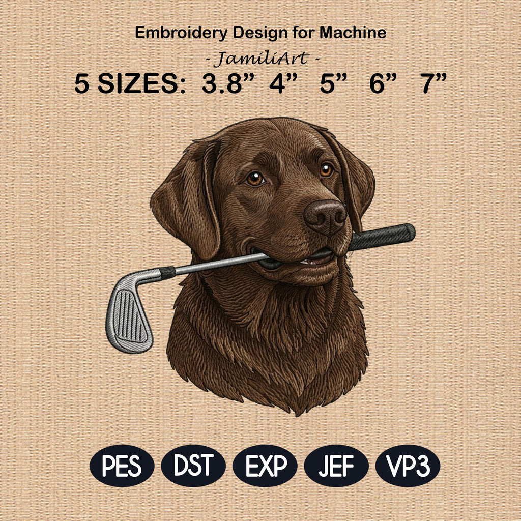 Funny Chocolate Labrador Golf Embroidery Design, Cute Puppy Golfer Machine Embroidery File, Pet Lover Gift, Sports Dog Embroidery Pattern