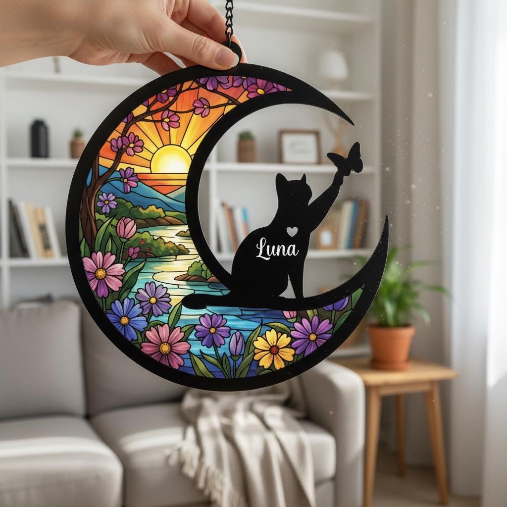 Personalized Cat Memorial Suncatcher, Custom Loss Of Cat Sympathy Gift, Gift For Cat Lovers, Cat Remembrance Gift