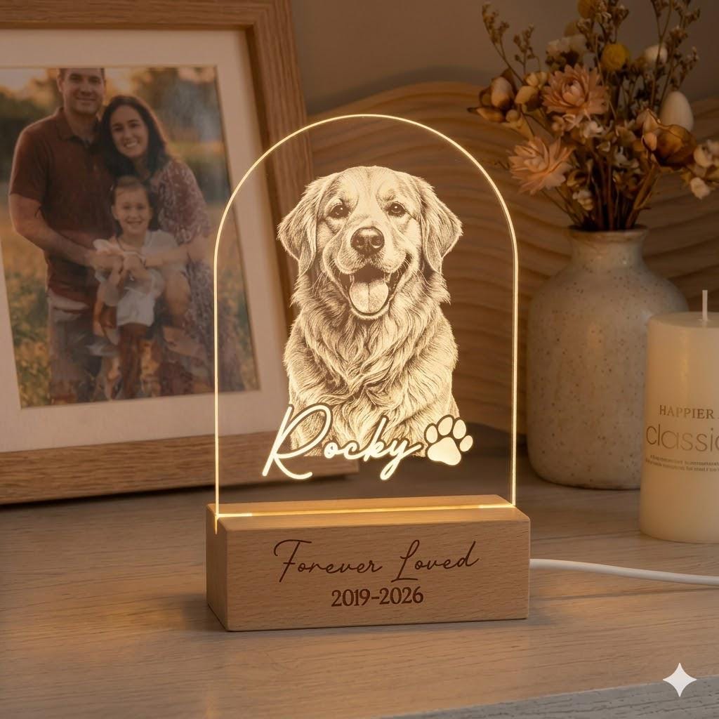 Personalized Pet Memorial LED Night Light — Custom Dog or Cat Photo Sympathy Gift, Pet Loss, Pet Memorial Gift for Dog, Cat
