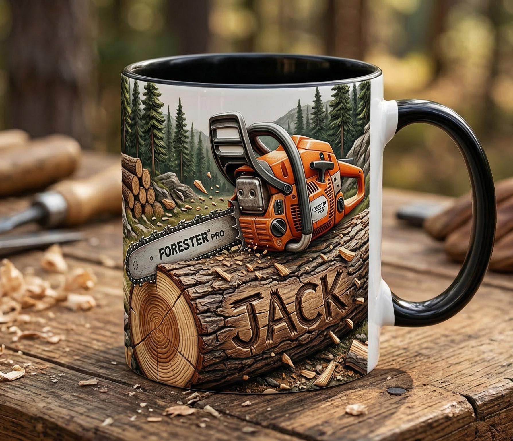 Custom Lumberjack Mug with Chainsaw, Personalized Name Coffee Mug, Gift for Him Woodcutter Arborist