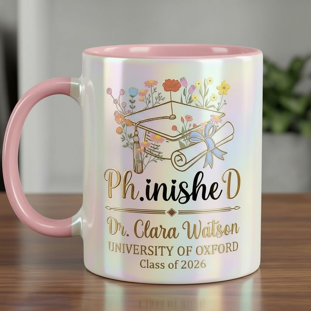 Personalized PhD Graduation Mug 2026, Floral Phinished Doctor Gift, Graduation Gift For Her, Faux 3D Mug - Flat Surface - image 3