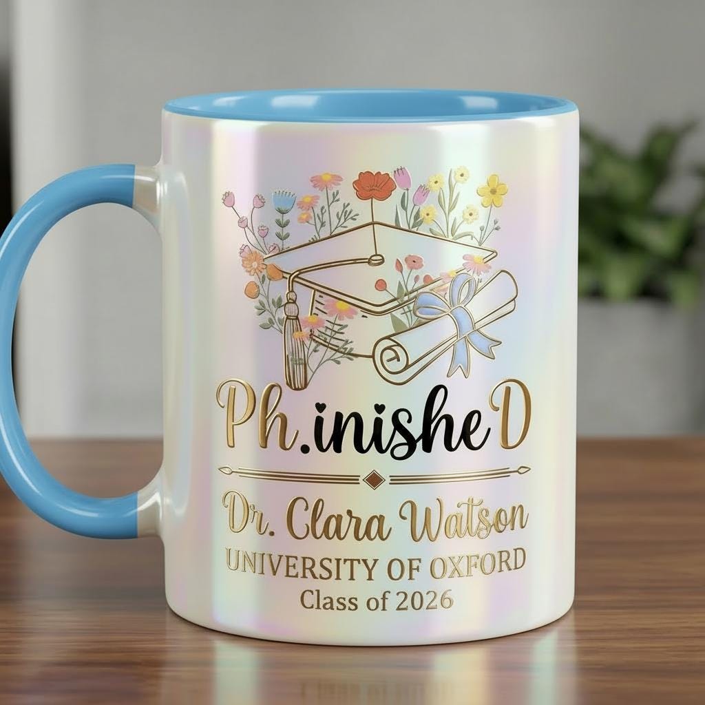 Personalized PhD Graduation Mug 2026, Floral Phinished Doctor Gift, Graduation Gift For Her, Faux 3D Mug - Flat Surface - image 4