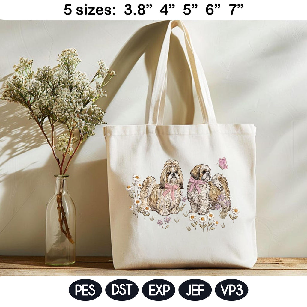Shih Tzu Embroidery Design, Pair of Shih Tzu with Bows and Daisies, Cute Puppy Embroidery File, Floral Dog Design, Pet Lover Gift - image 4