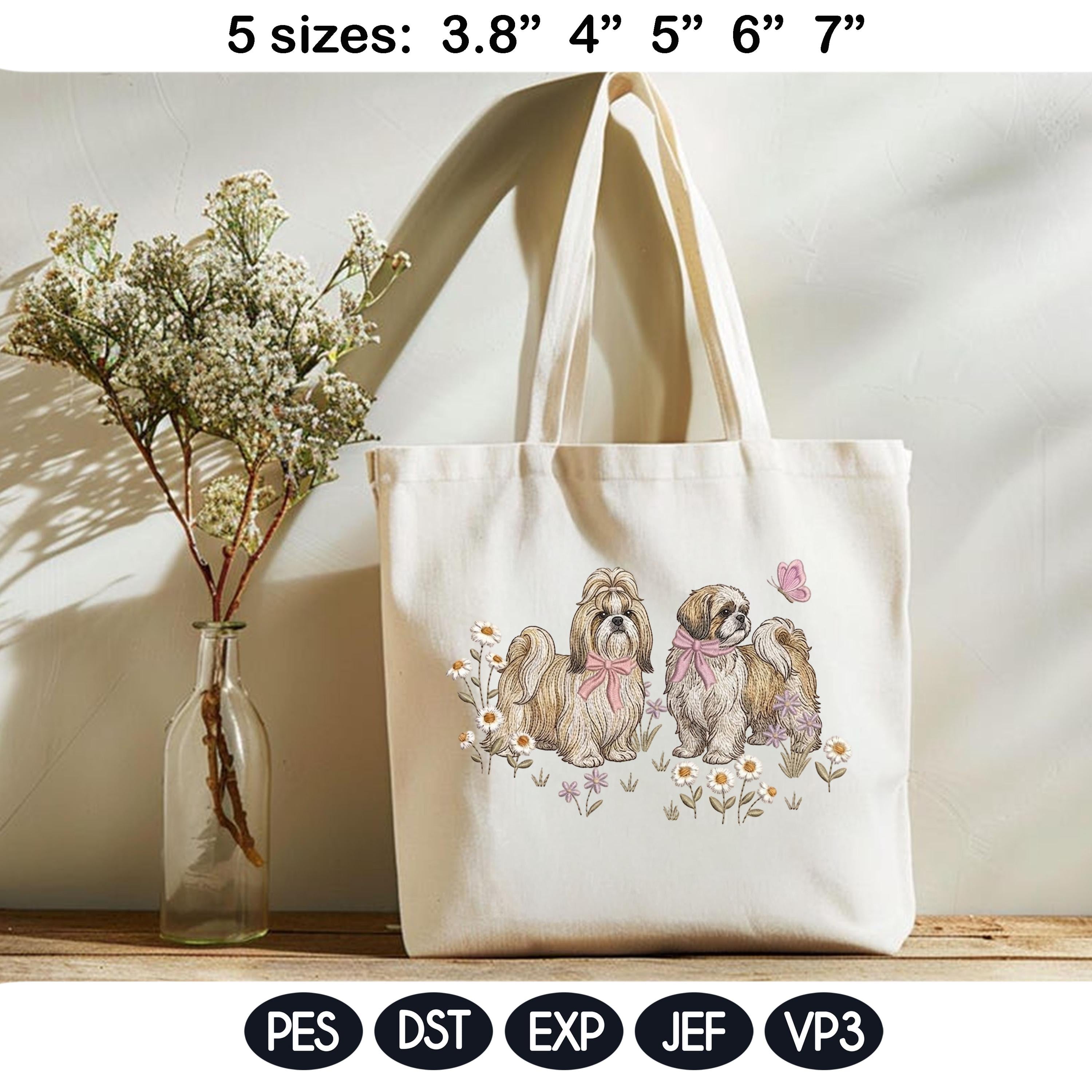 Shih Tzu Embroidery Design, Pair of Shih Tzu with Bows and Daisies, Cute Puppy Embroidery File, Floral Dog Design, Pet Lover Gift - image 4