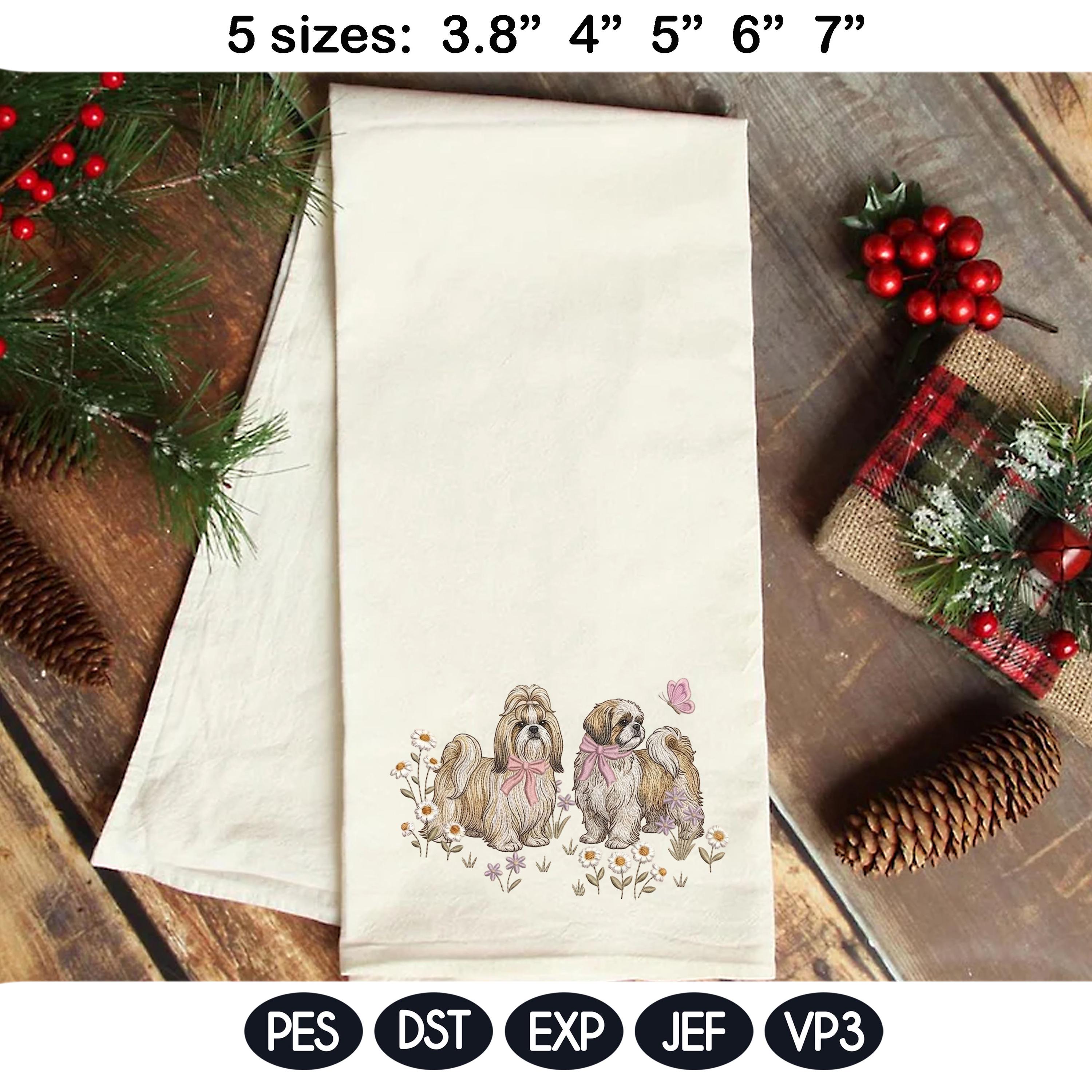 Shih Tzu Embroidery Design, Pair of Shih Tzu with Bows and Daisies, Cute Puppy Embroidery File, Floral Dog Design, Pet Lover Gift - image 5