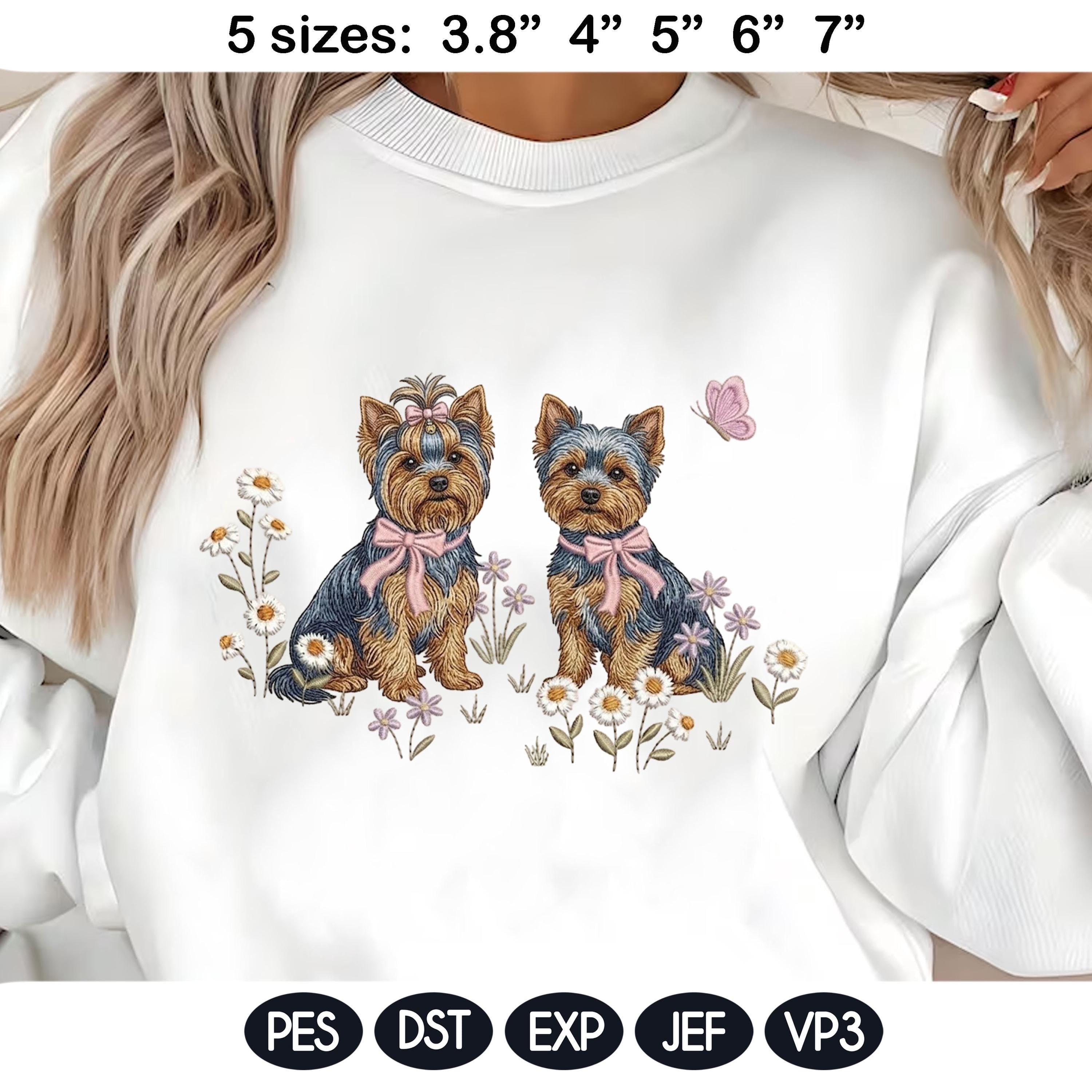 Yorkie Embroidery Design, Pair of Yorkshire Terrier with Bows and Daisies, Cute Puppy Embroidery File, Floral Dog Design, Pet Lover Gift - image 3