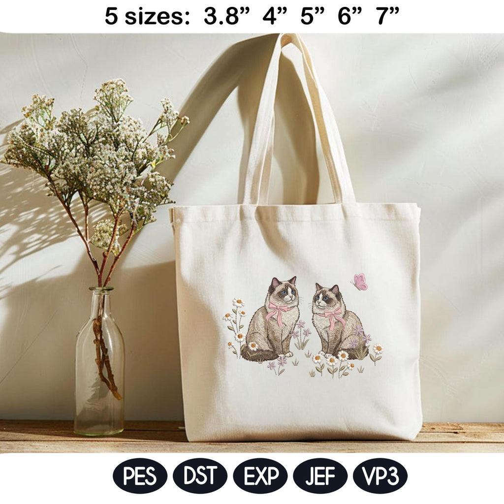 Ragdoll Cat Embroidery Design, Pair of Ragdoll Kittens with Bows and Daisies, Cute Kitten Embroidery File, Floral Cat Design, Pet Lover Gift - image 4