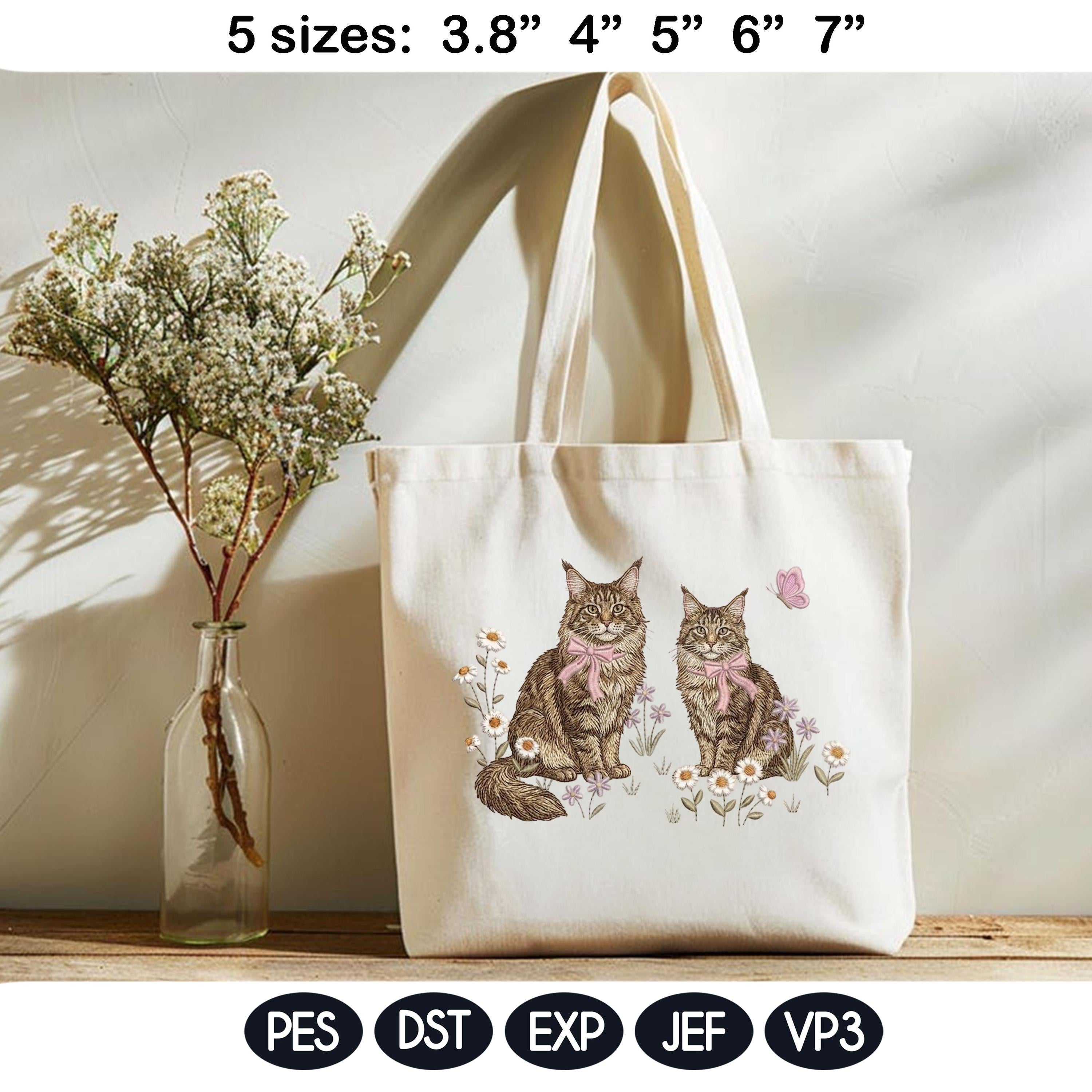 Maine Coon Cat Embroidery Design, Pair of Maine Coon Kittens with Bows and Daisies, Cute Kitten Embroidery, Floral Cat Design,Pet Lover Gift - image 4