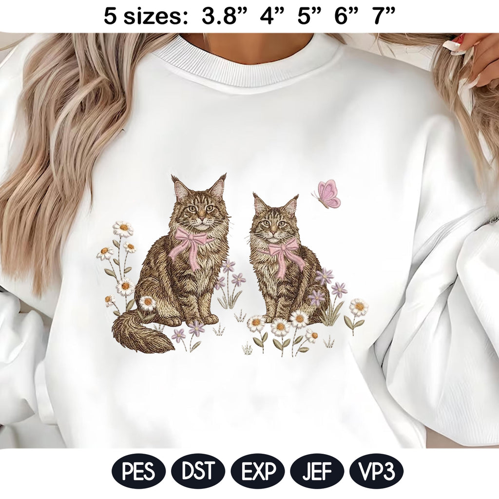 Maine Coon Cat Embroidery Design, Pair of Maine Coon Kittens with Bows and Daisies, Cute Kitten Embroidery, Floral Cat Design,Pet Lover Gift - image 3