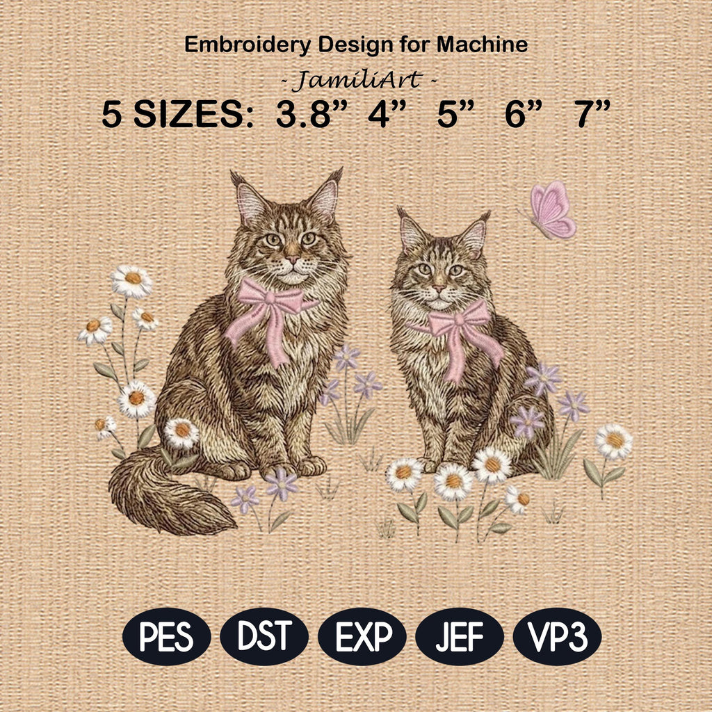 Maine Coon Cat Embroidery Design, Pair of Maine Coon Kittens with Bows and Daisies, Cute Kitten Embroidery, Floral Cat Design,Pet Lover Gift