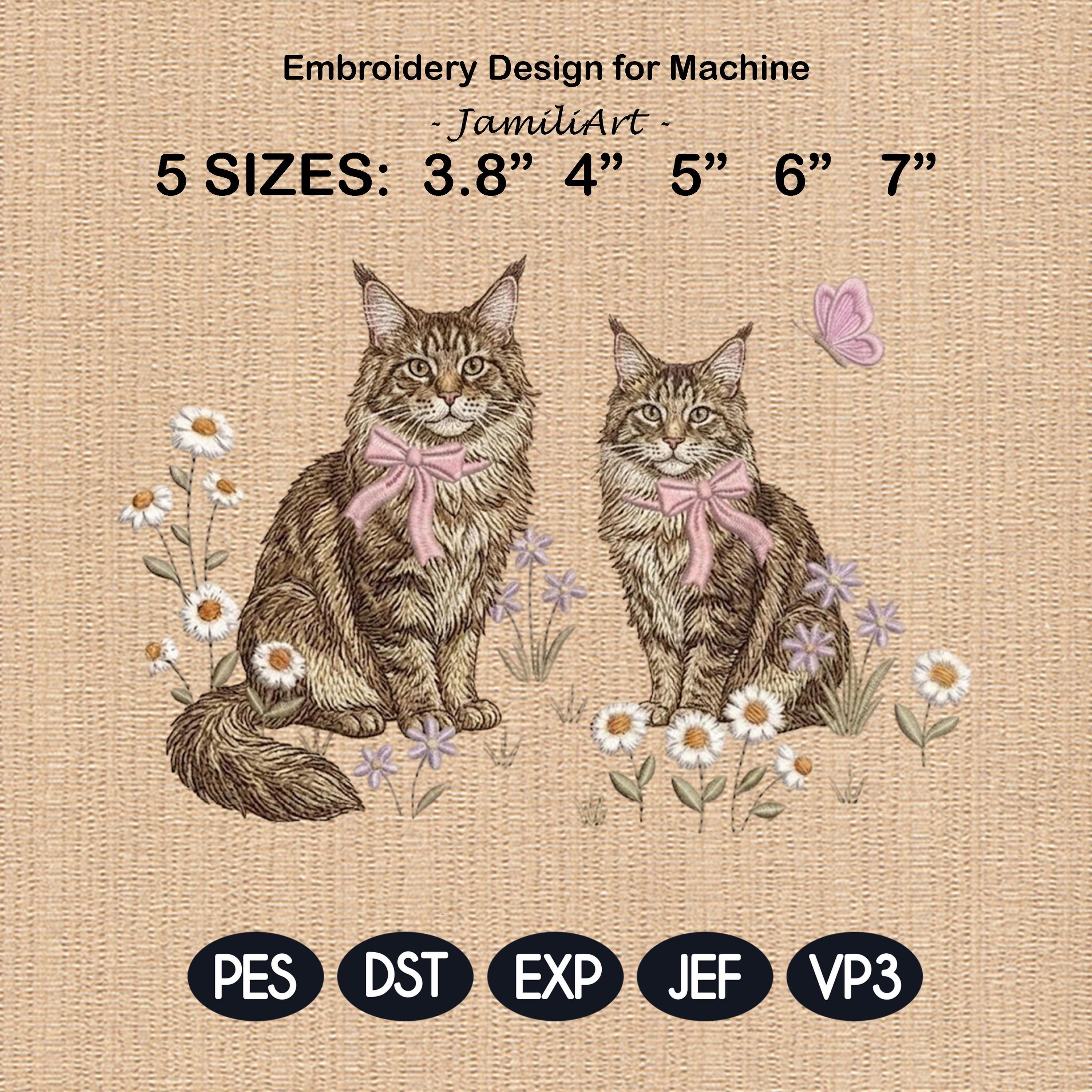 Maine Coon Cat Embroidery Design, Pair of Maine Coon Kittens with Bows and Daisies, Cute Kitten Embroidery, Floral Cat Design,Pet Lover Gift