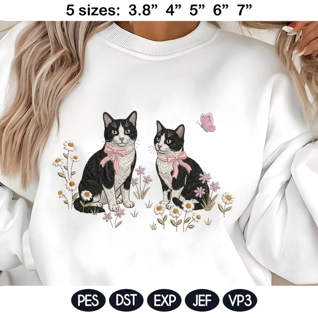 Tuxedo Cat Embroidery Design, Pair of Tuxedo Kittens with Bows and Daisies, Cute Kitten Embroidery File, Floral Cat Design, Pet Lover Gift - image 3