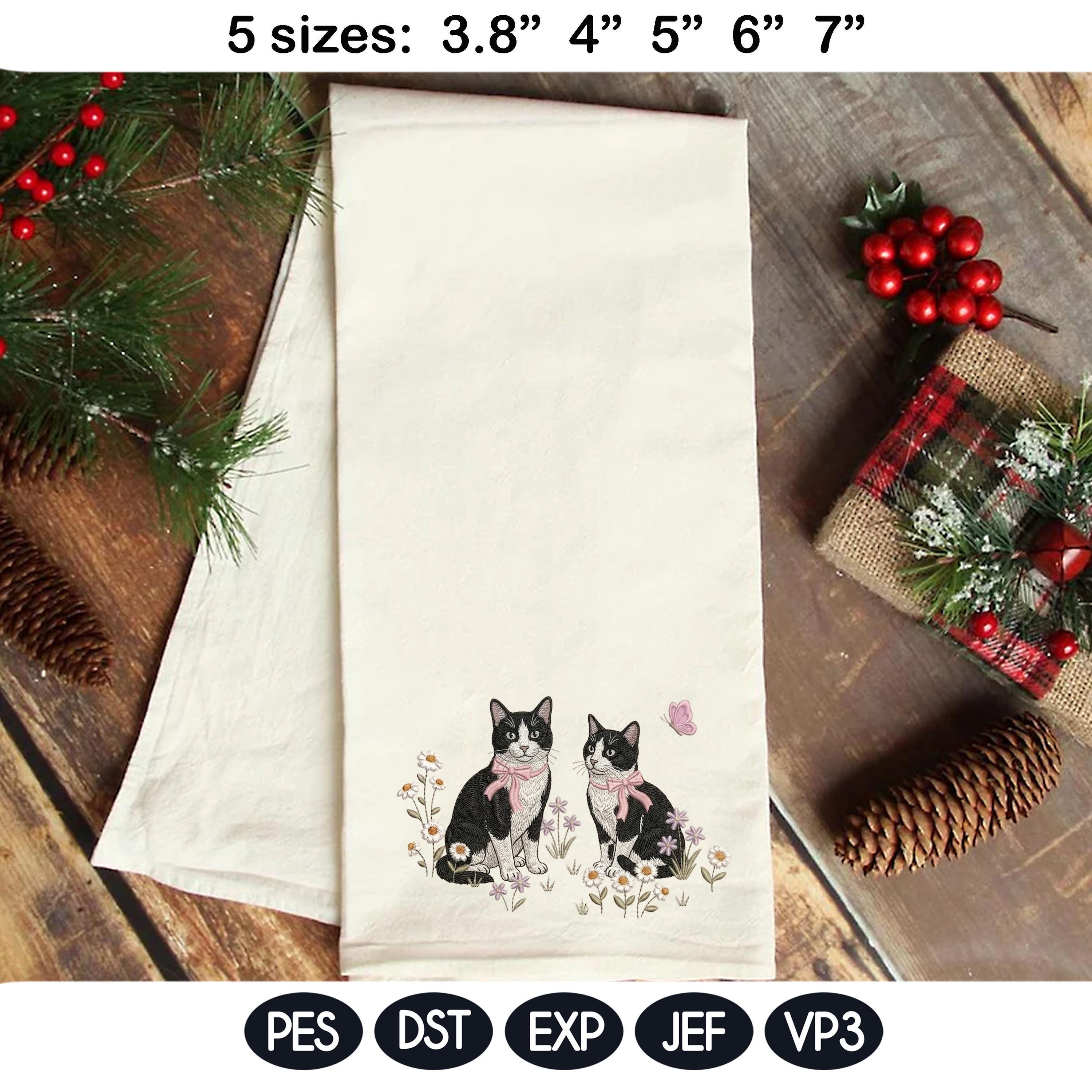 Tuxedo Cat Embroidery Design, Pair of Tuxedo Kittens with Bows and Daisies, Cute Kitten Embroidery File, Floral Cat Design, Pet Lover Gift - image 4