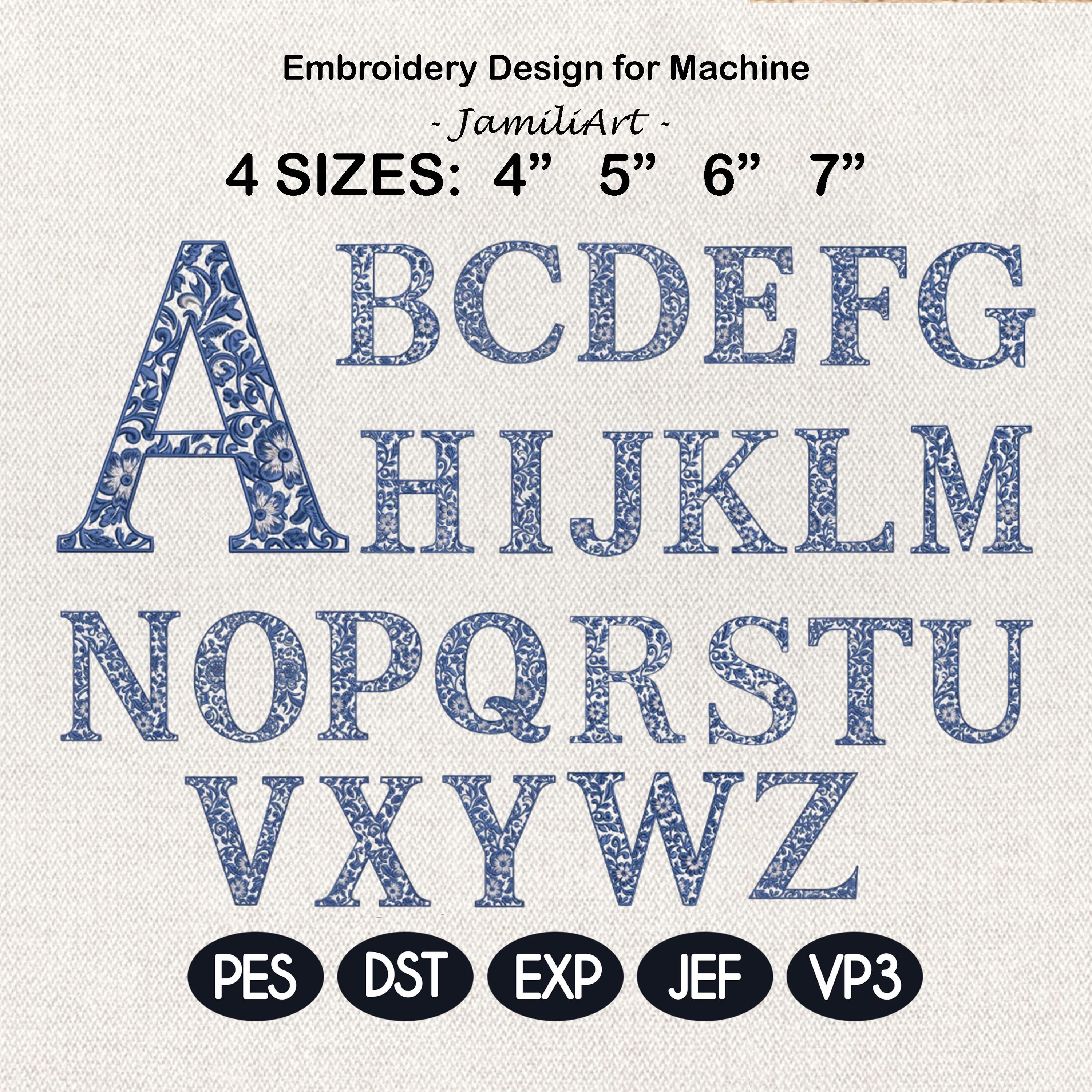 Chinoiserie Alphabet A–Z Machine Embroidery Design, Blue Elegant Monogram Font, Full Letter Set, 4 Sizes, Digital Download, Instant Download