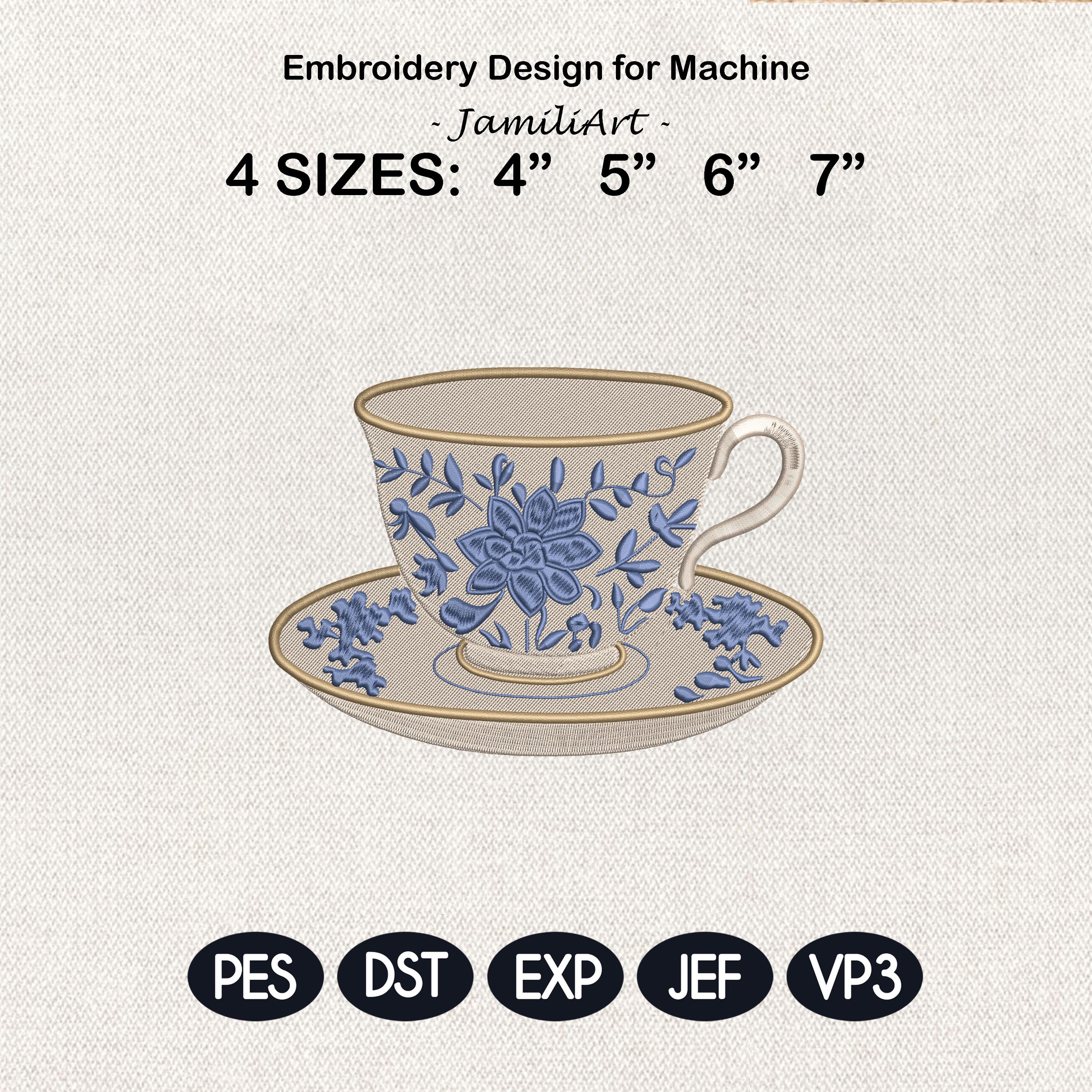 Chinoiserie Teacup Embroidery Design, Blue Floral Tea Cup & Saucer, Vintage Porcelain Cup, Cottagecore Decor, 4 Sizes, Instant Download