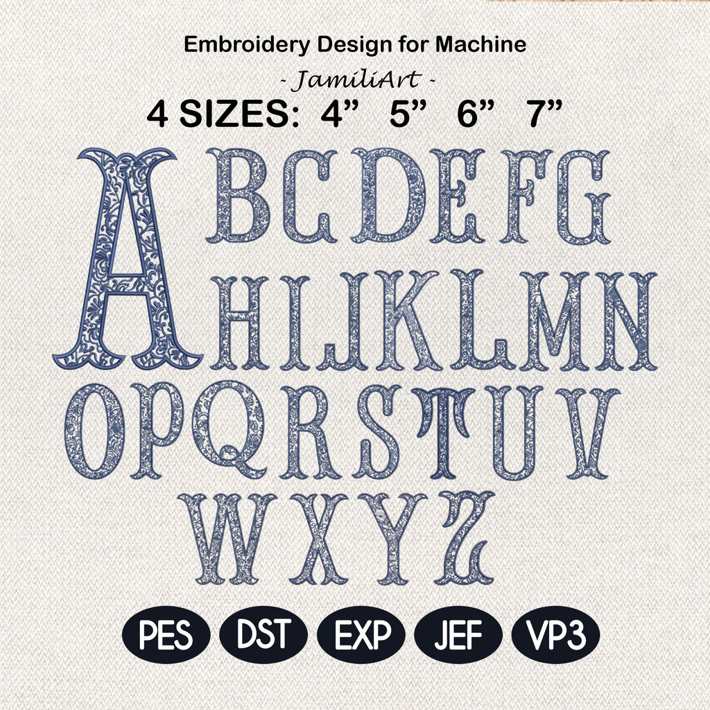 Chinoiserie Fishtail Alphabet A–Z Embroidery Design, Blue Elegant Monogram Font, Fishtail Satin Stitch Letters, Digital Instant Download