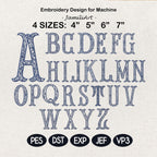 Chinoiserie Fishtail Alphabet A–Z Embroidery Design, Blue Elegant Monogram Font, Fishtail Satin Stitch Letters, Digital Instant Download