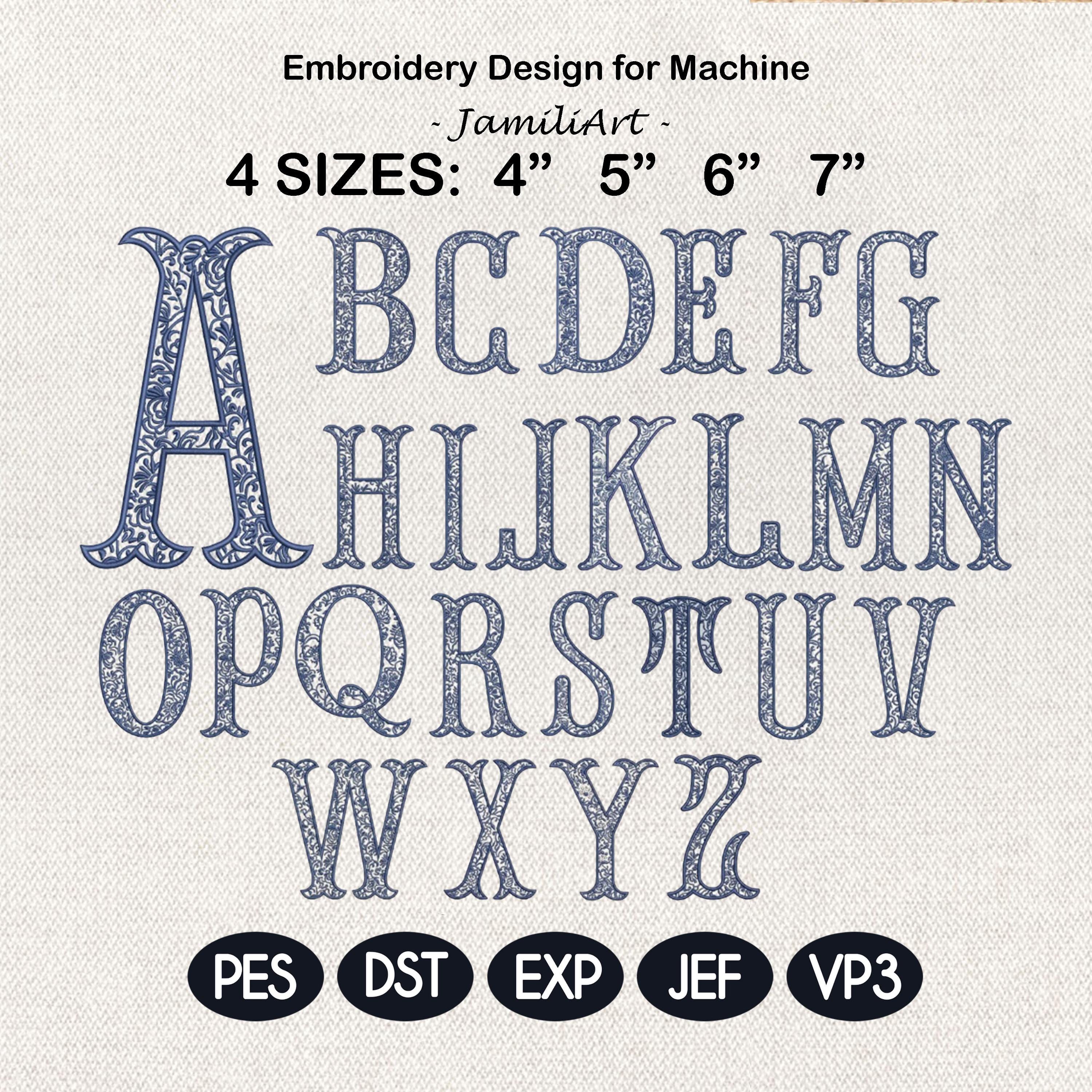 Chinoiserie Fishtail Alphabet A–Z Embroidery Design, Blue Elegant Monogram Font, Fishtail Satin Stitch Letters, Digital Instant Download