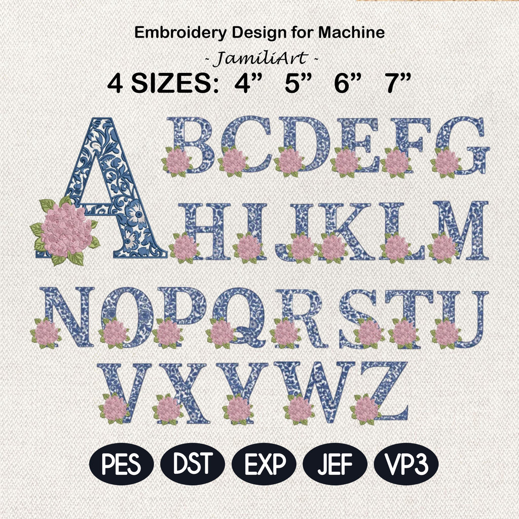 Chinoiserie Floral Alphabet A–Z Embroidery Design, Blue White Monogram Letters with Hydrangea, Elegant Font,4 Sizes,Digital Instant Download