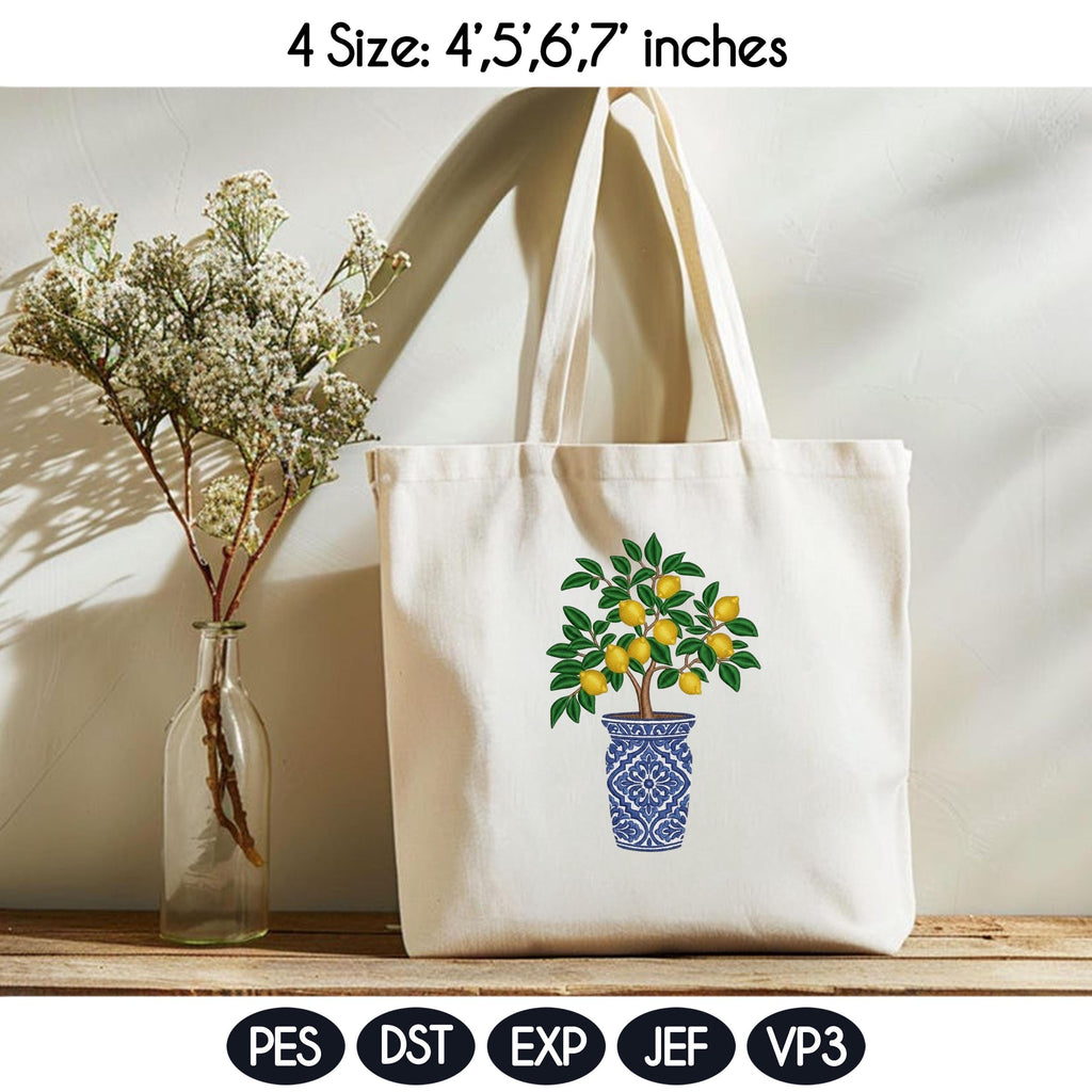 Chinoiserie Lemon Tree Embroidery Design, Blue Chinoiserie Vase, Summer Machine Embroidery PES DST, 4 sizes, Digital Instant Download - image 5