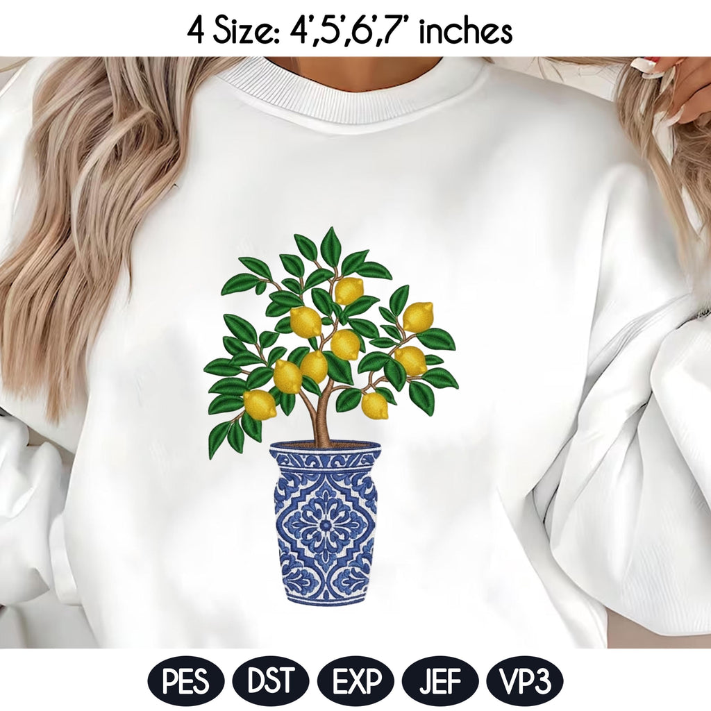 Chinoiserie Lemon Tree Embroidery Design, Blue Chinoiserie Vase, Summer Machine Embroidery PES DST, 4 sizes, Digital Instant Download - image 3