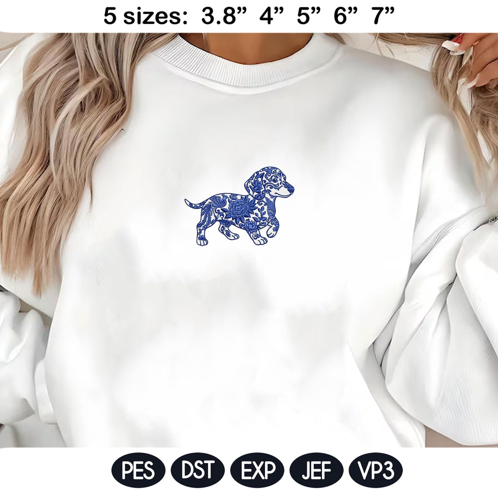 Dachshund Chinoiserie Embroidery Design, Blue Floral Dog Pattern, Vintage Porcelain Style Machine Embroidery File, Dog Lover Gift - image 4