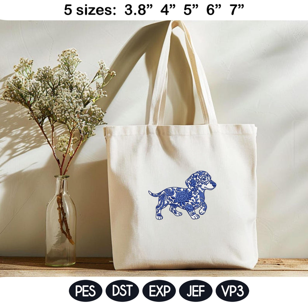 Dachshund Chinoiserie Embroidery Design, Blue Floral Dog Pattern, Vintage Porcelain Style Machine Embroidery File, Dog Lover Gift - image 3