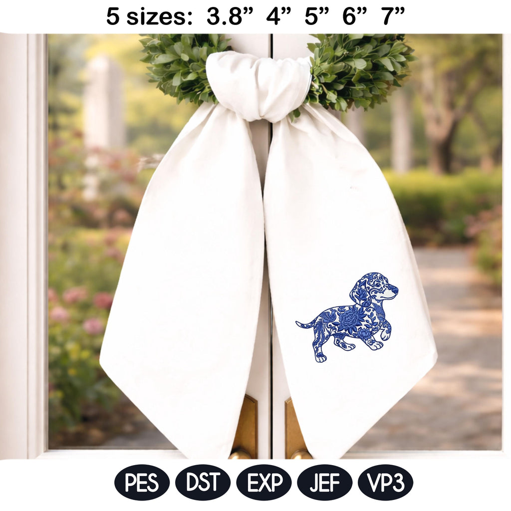Dachshund Chinoiserie Embroidery Design, Blue Floral Dog Pattern, Vintage Porcelain Style Machine Embroidery File, Dog Lover Gift - image 5