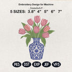 Chinoiserie Tulip Vase Embroidery Design, Pink Tulip Bouquet Blue White Porcelain, Floral Machine Embroidery File PES DST