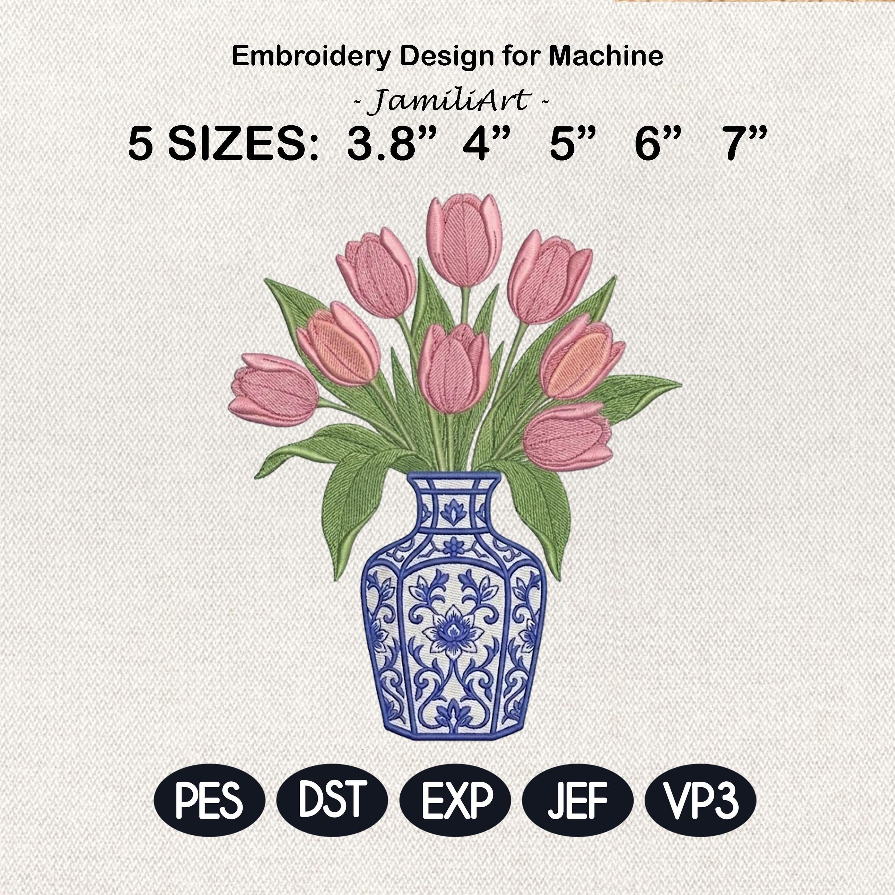 Chinoiserie Tulip Vase Embroidery Design, Pink Tulip Bouquet Blue White Porcelain, Floral Machine Embroidery File PES DST