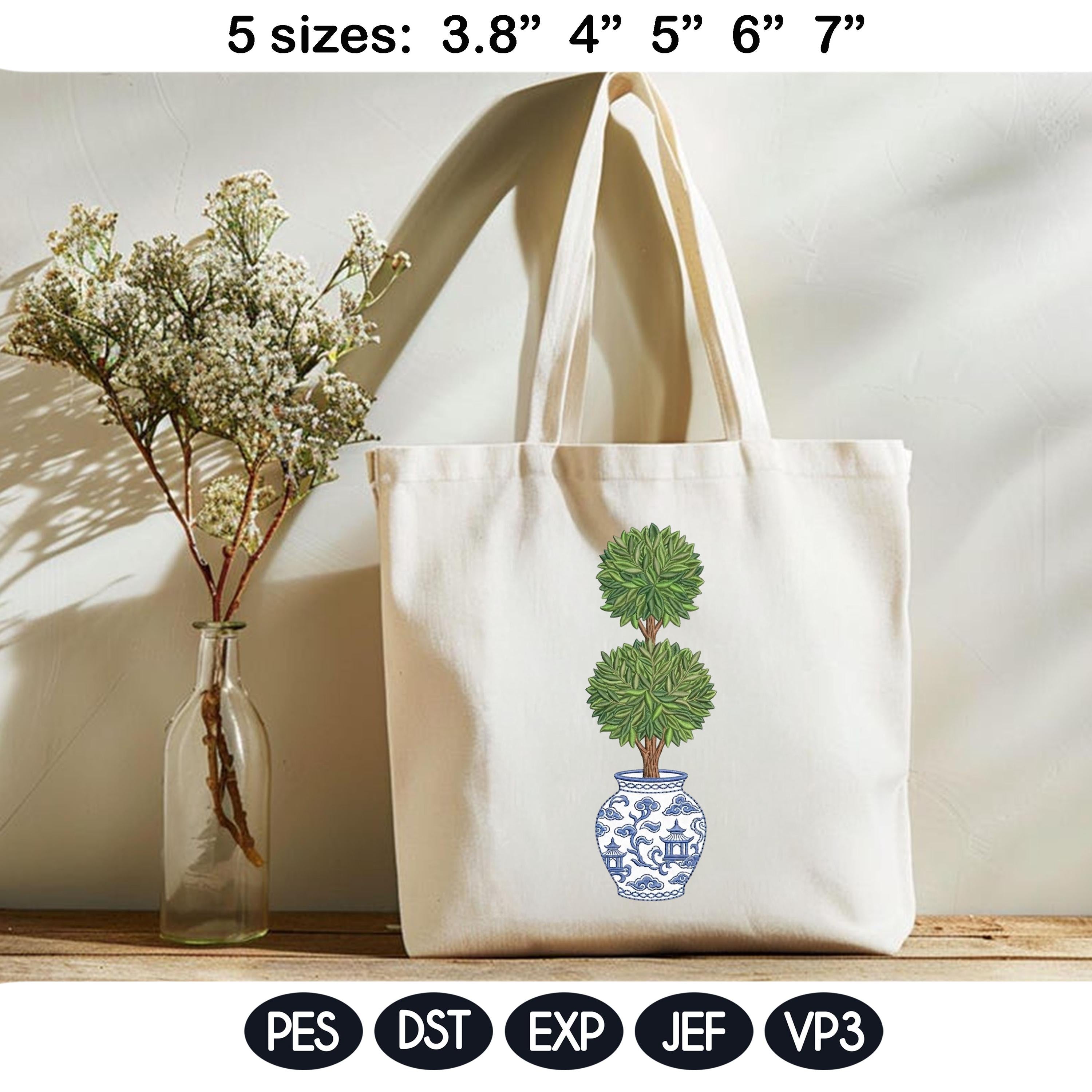 Chinoiserie Topiary Embroidery Design, Blue White Vase Plant, Classic Garden Decor Machine Embroidery, Grandmillennial Style - image 3