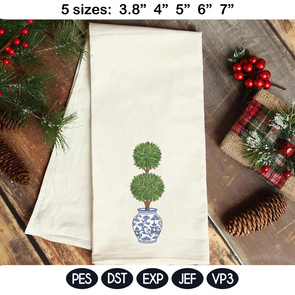 Chinoiserie Topiary Embroidery Design, Blue White Vase Plant, Classic Garden Decor Machine Embroidery, Grandmillennial Style - image 4