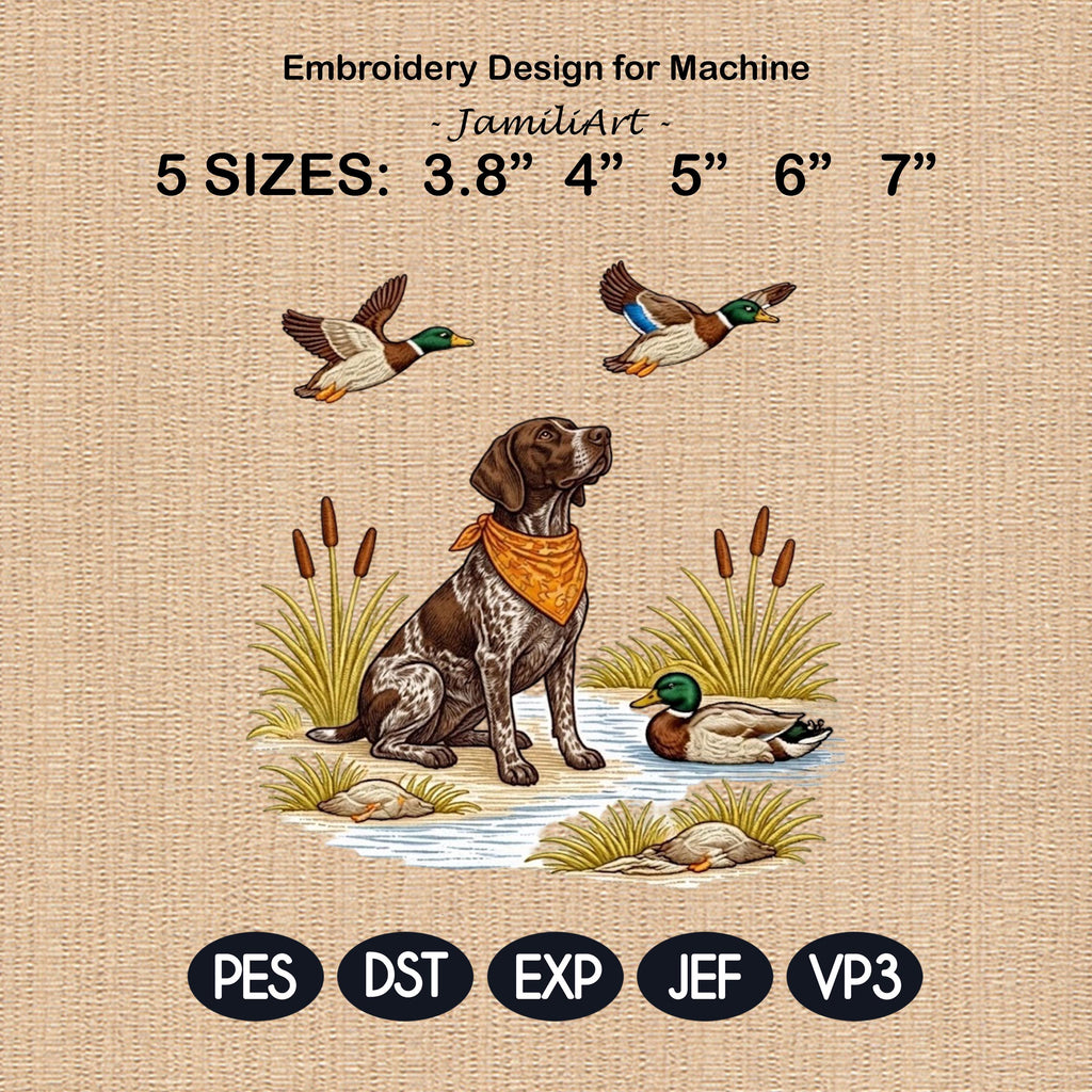 German Shorthaired Pointer Embroidery Design, GSP Hunting Dog File, Duck Hunter Gift, Outdoor Wildlife Embroidery, 5 sizes, Digital Download